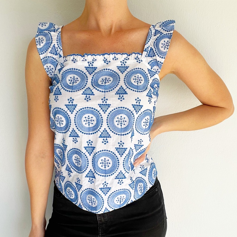 Ann Taylor blue embroidered sleeveless boho ruffle blouse size XXSP